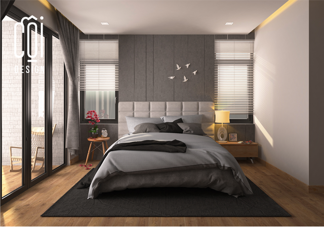 Nội thất phòng ngủ được thiết kế tinh tế với gam màu xám tro