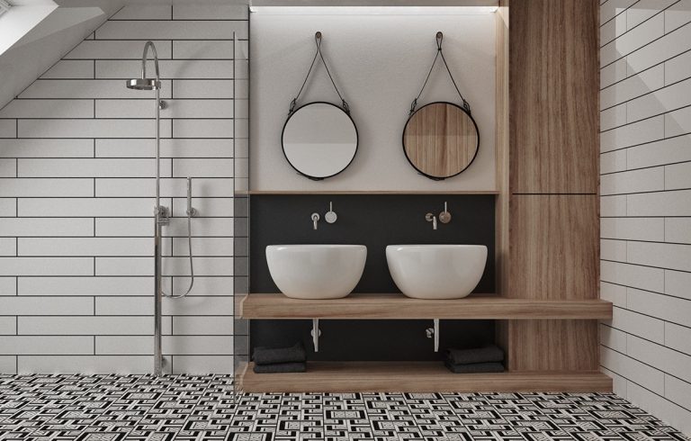 Phòng tắm với tông màu đen trắng, nội thất gỗ đẹp