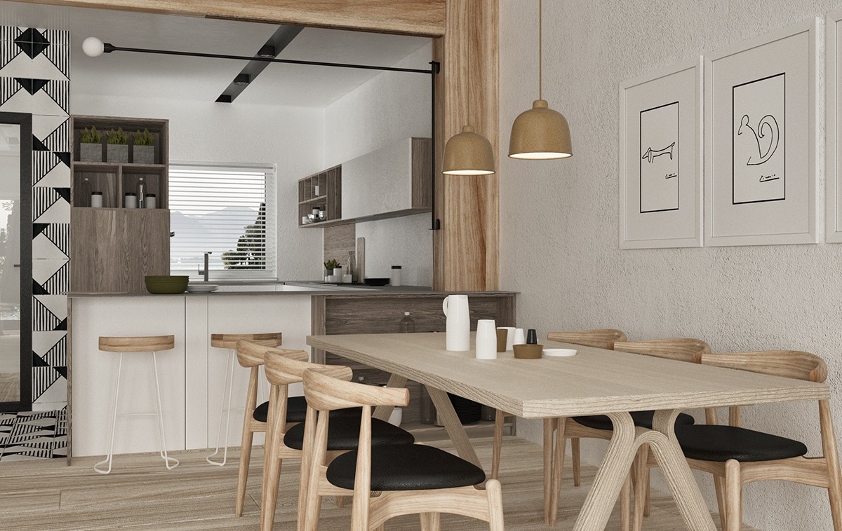 Phòng ăn kế bên bếp đơn giản với nội thất làm bằng gỗ sang trọng