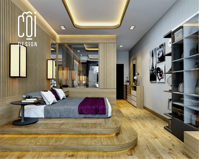 Mẫu phòng ngủ nhà 5x20 hiện đại, sàn và tường được áp gỗ sang trọng